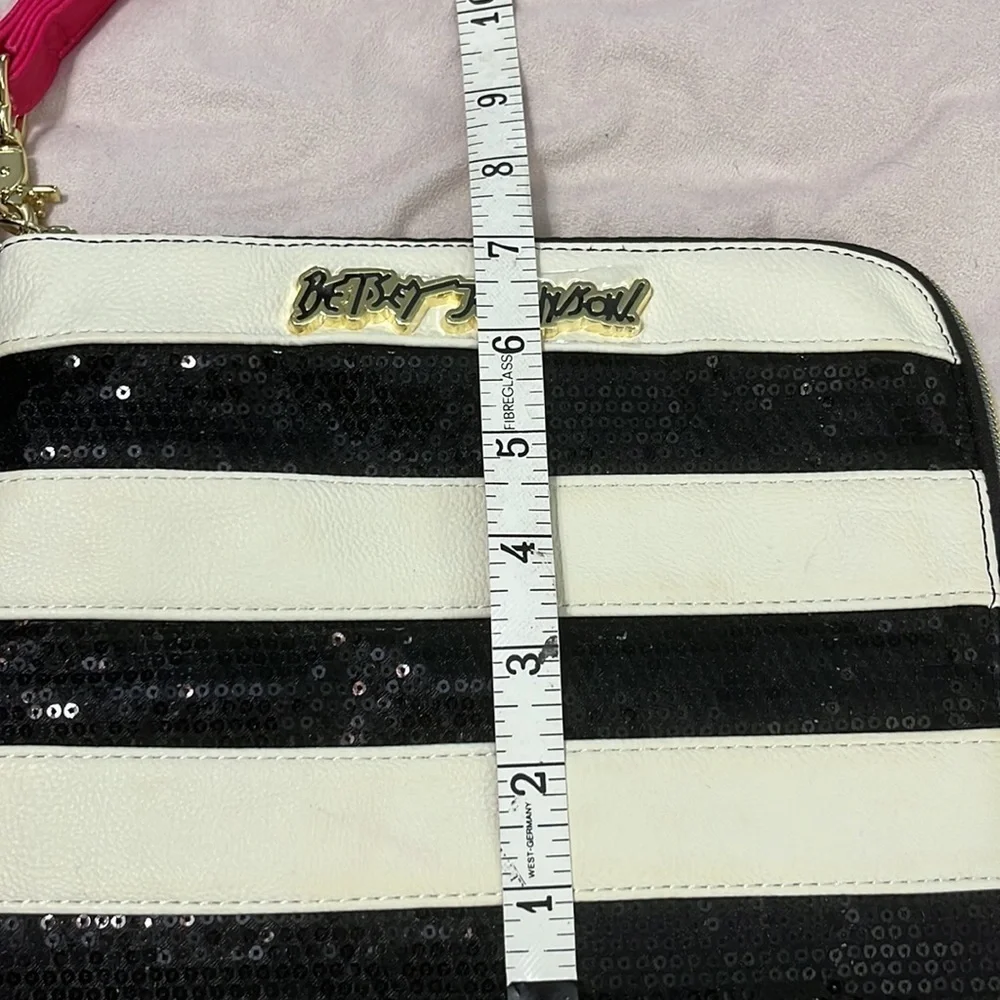 Betsy Johnson black and white striped sequined purse pink strap NWOT